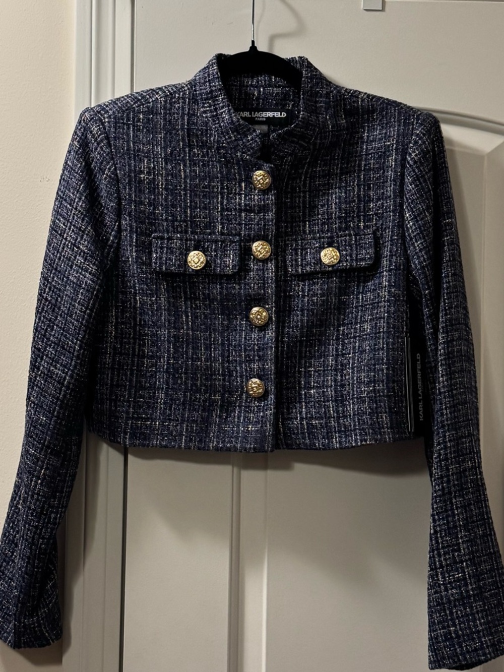 Karl Lagerfeld Navy Tweed Cropped Jacket with Gold Buttons